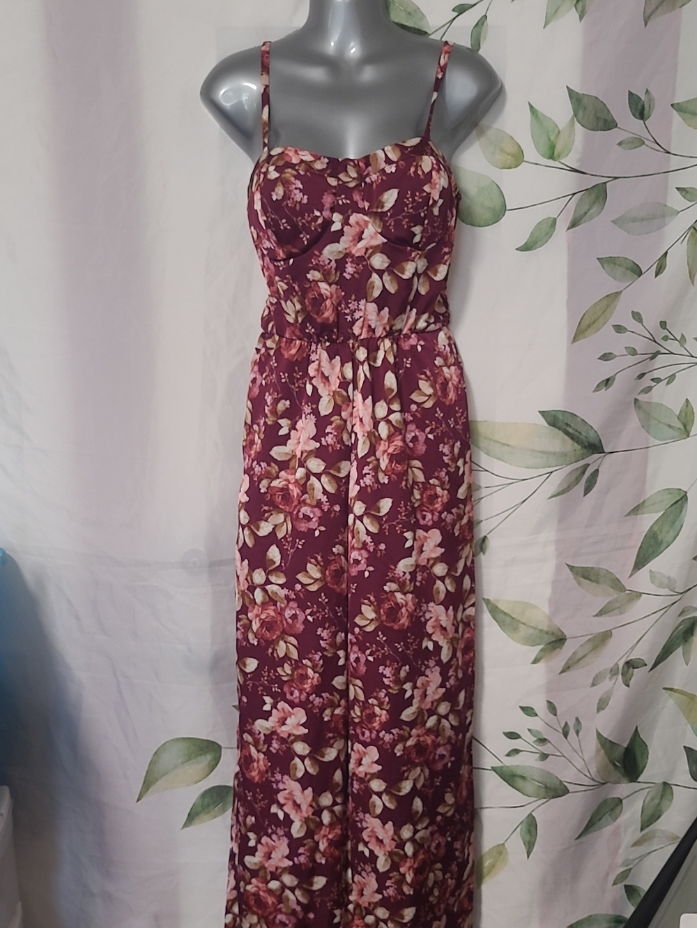 Floral Burgundy Jumpsuit with Spaghetti Straps